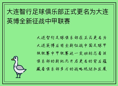 大连智行足球俱乐部正式更名为大连英博全新征战中甲联赛